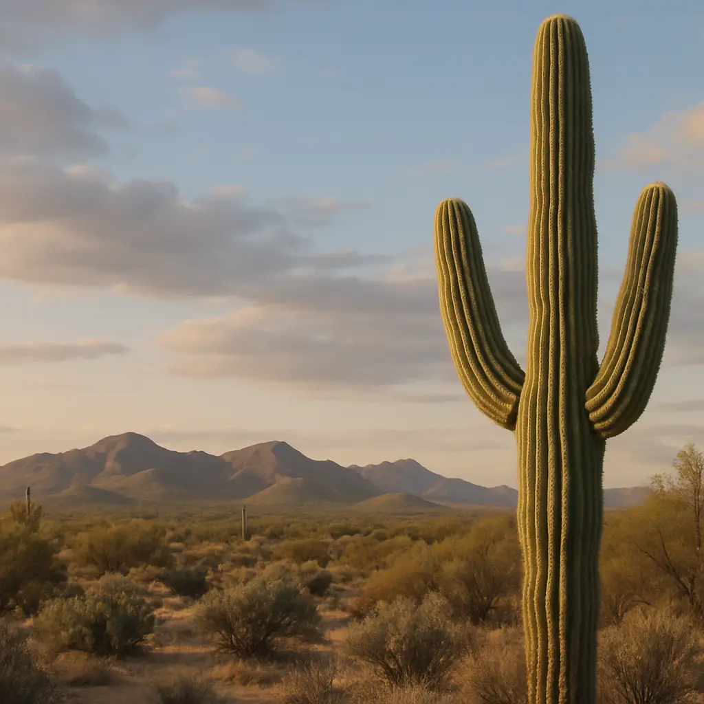 Saguaro cactus in Catalina, Arizona desert with mountains at sunset