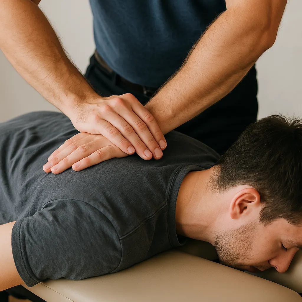Chiropractor performing spinal adjustment on patient lying face down
