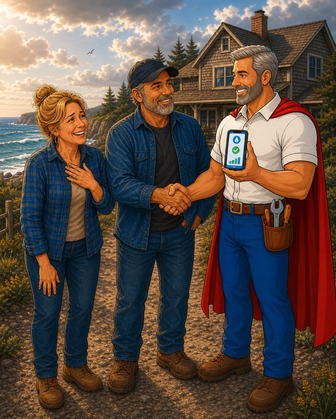 Ian and a relieved Westport, California client after plumbing service