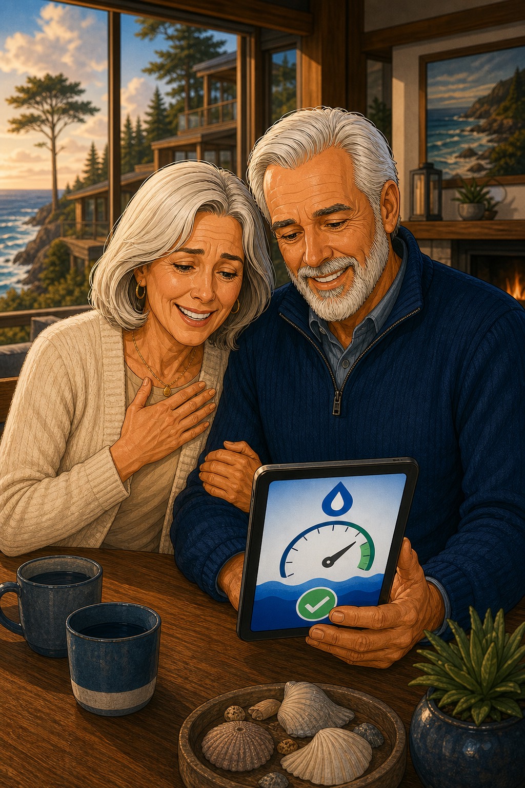 Meredith and Paul feeling relieved after Smart Leak Protection found high pressure at their Sea Ranch, California home before it damaged the plumbing