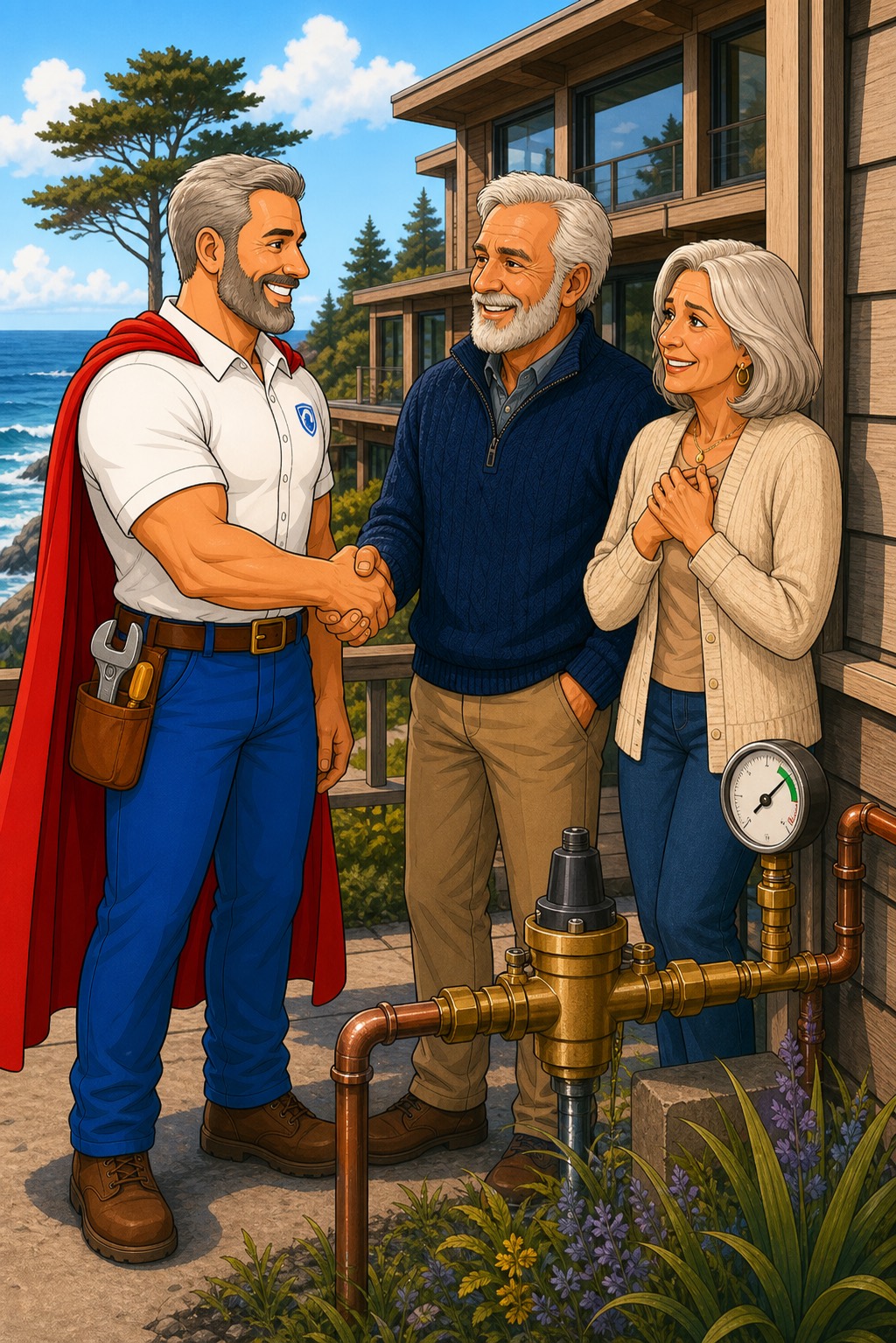 Ian and a relieved Sea Ranch, California client after plumbing service