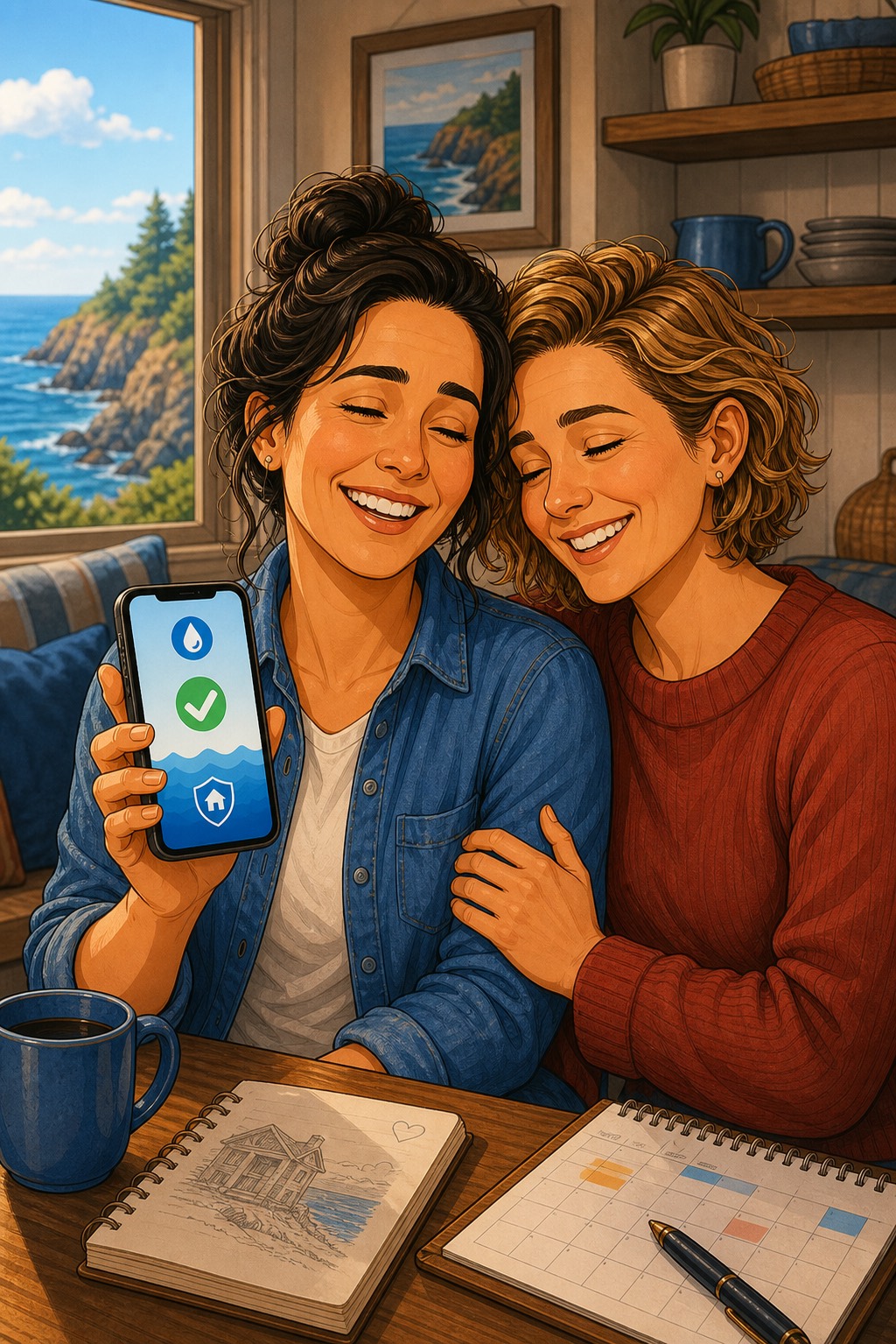 Maya and Elise feeling relieved that monitoring can protect their Mendocino, California Airbnb without making them suspicious hosts
