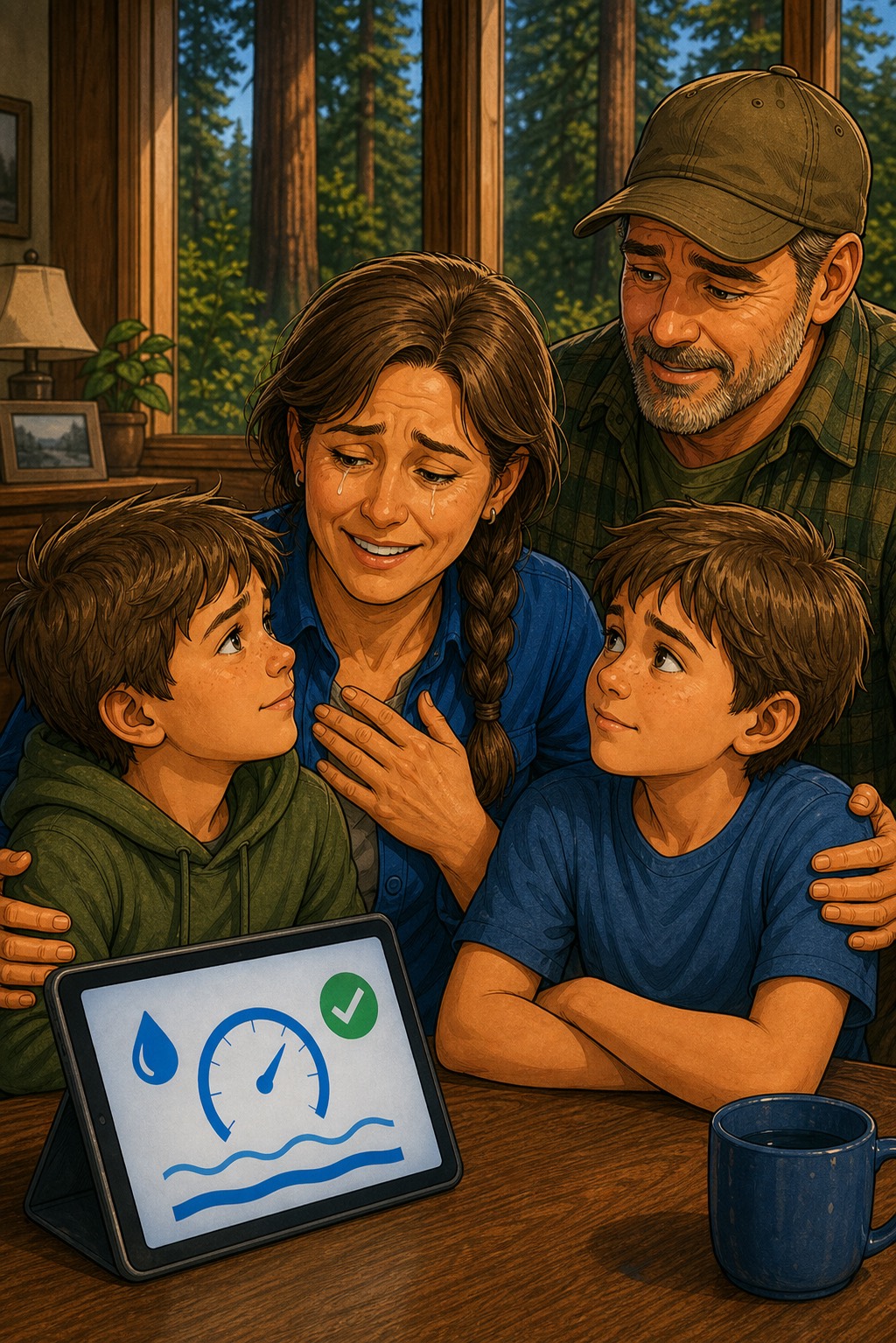 Gail and Tom feeling relieved with their boys after Smart Leak Protection found the hidden Comptche, California pipe break