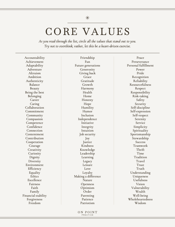 Core Values Exercise from The On Point Practice Core Values Exercise from The On Point Practice