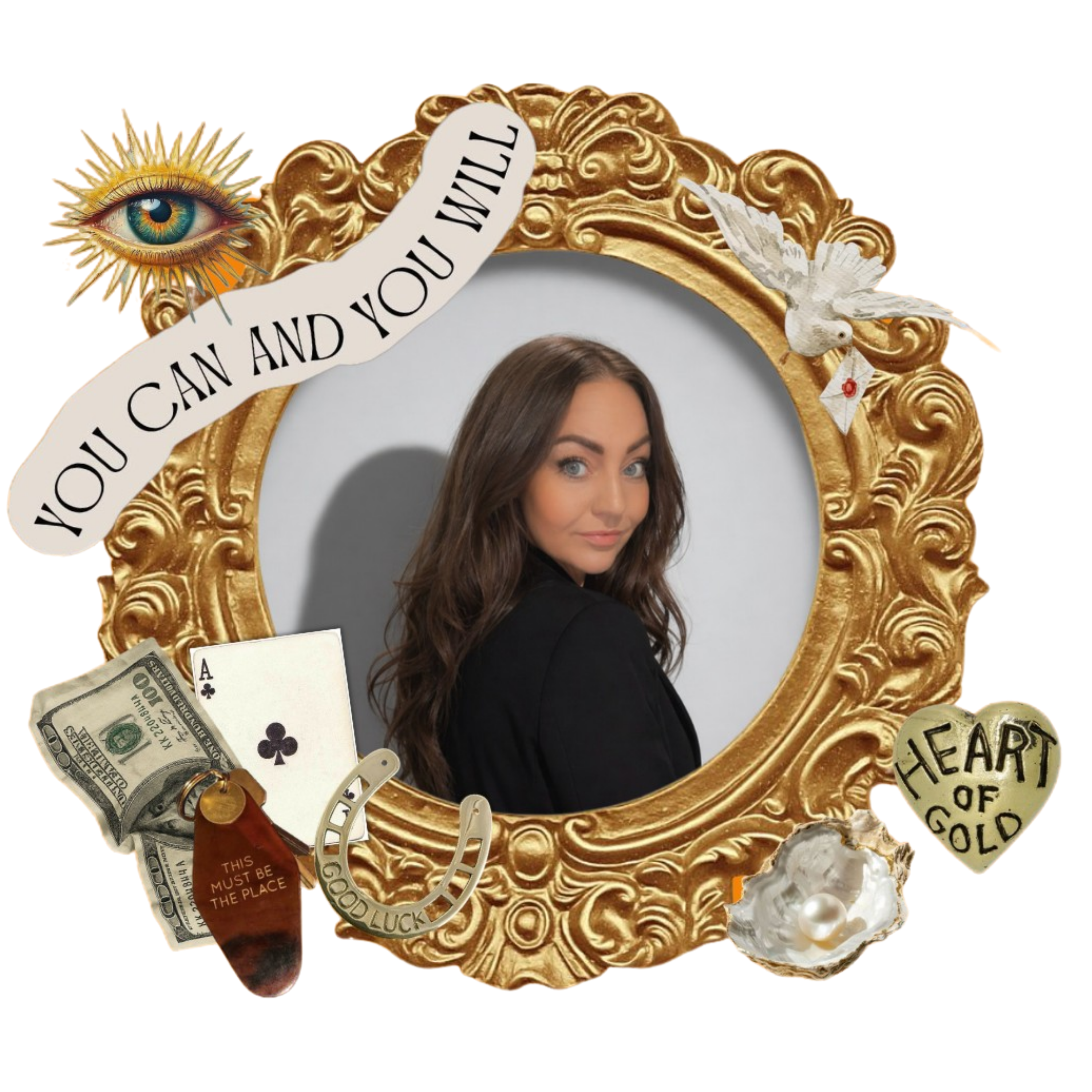 Veronica Dietz, framed in a baroque gilt mirror surrounded by talismanic objects: heart of gold, dove, envelope, money, playing cards