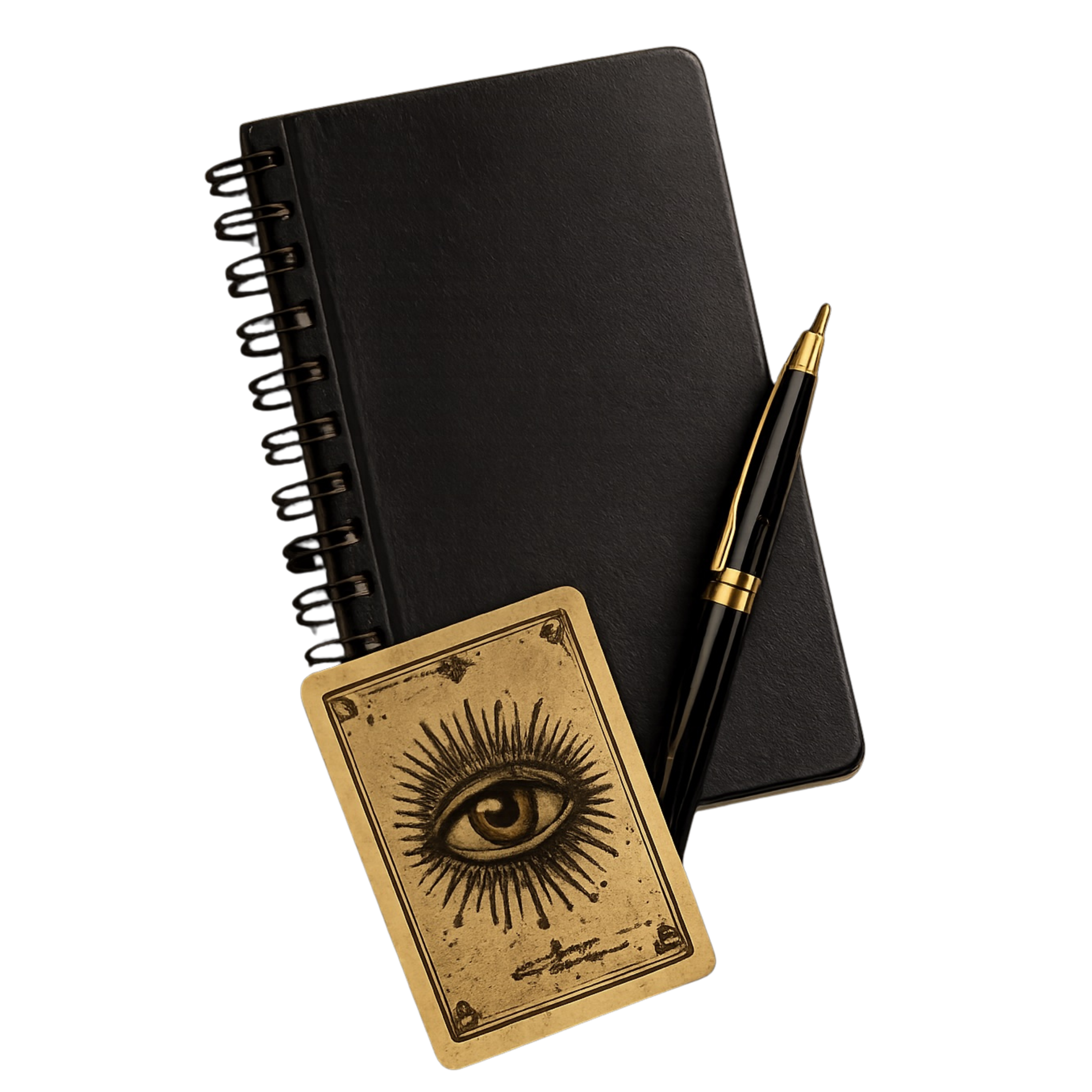 A black notebook with a pen and an eye-illustrated card resting on top — The Daily Read