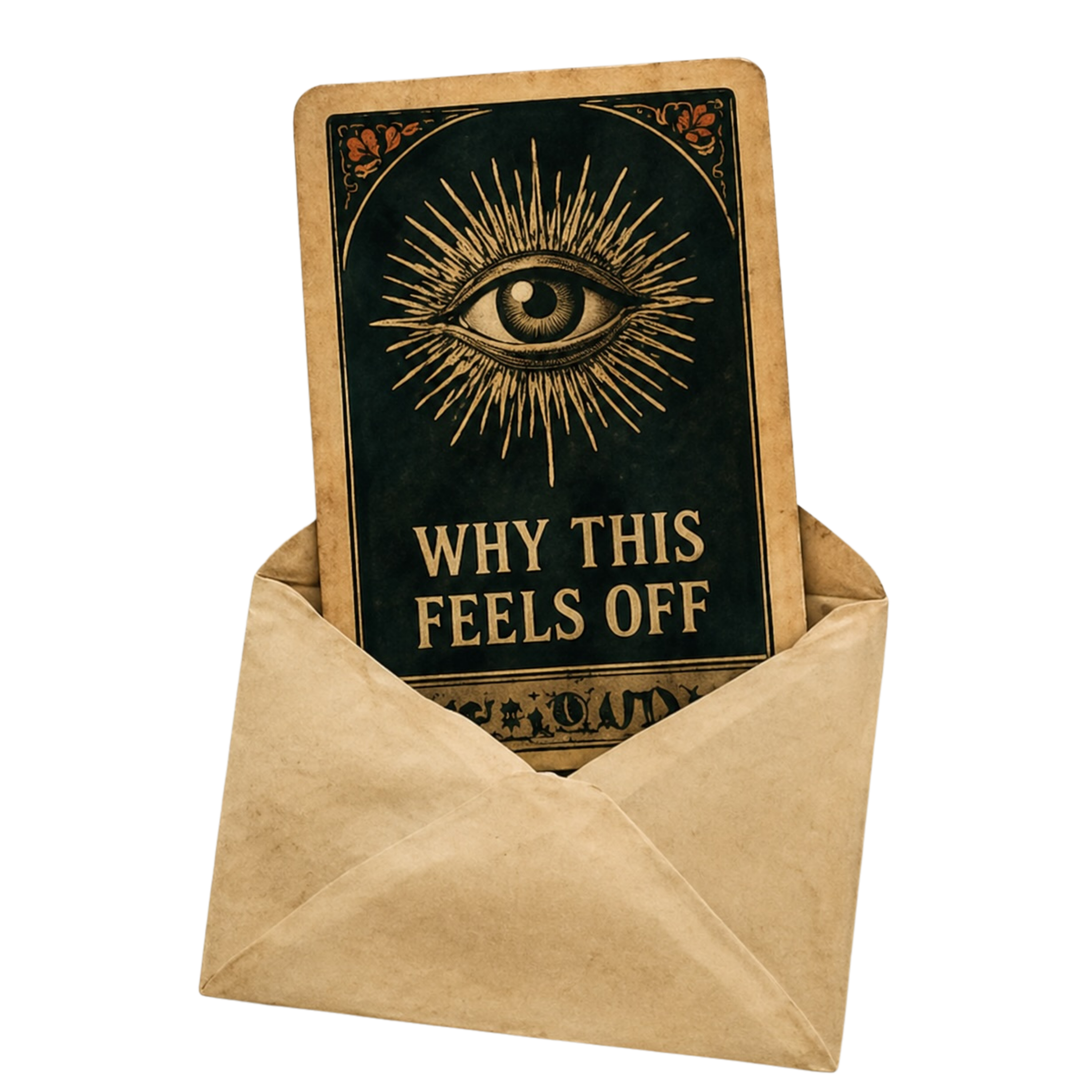 A tarot-style card titled 'Why This Feels Off' emerging from a vintage envelope