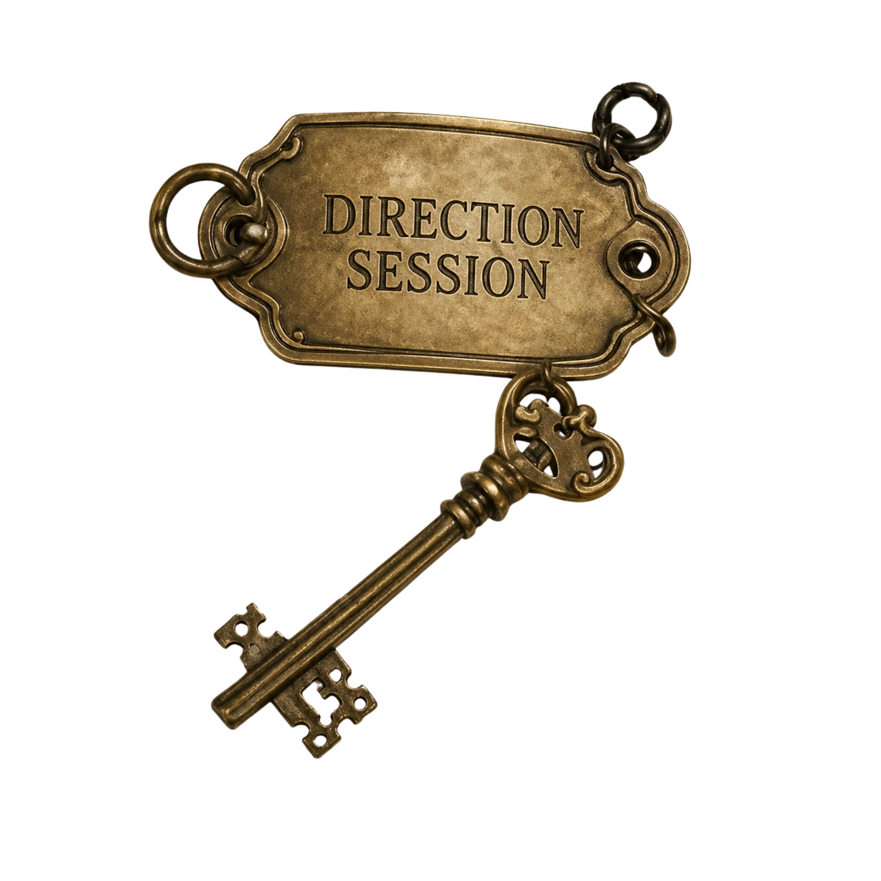 A brass plaque engraved 'Direction Session' with an antique key hanging from it