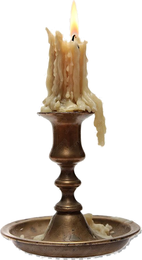 A brass candlestick with a lit candle — clue: orientation