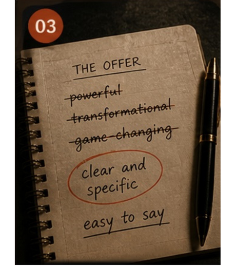 Notebook with crossed-out attempts at writing the offer clearly