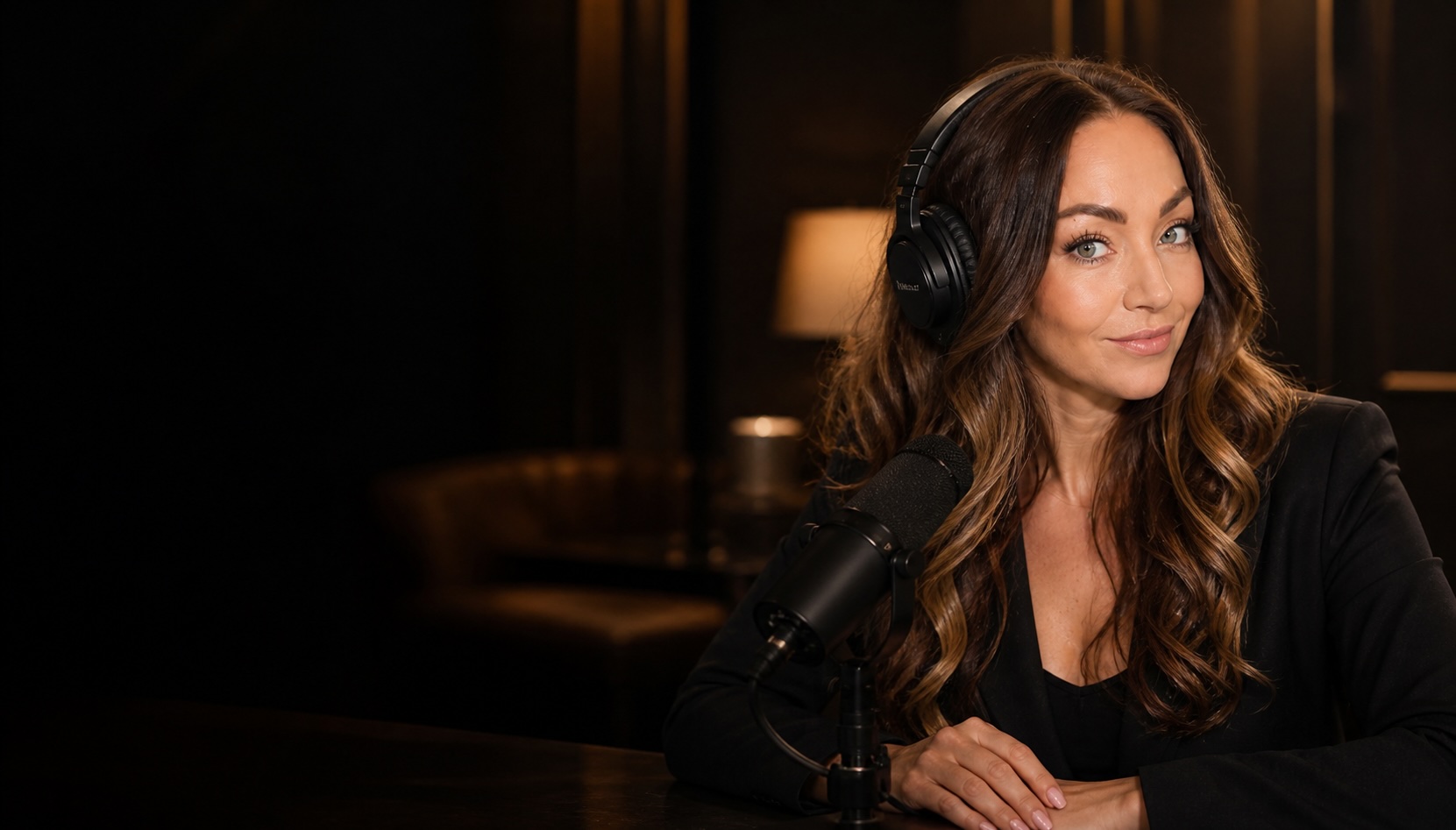 Veronica Dietz at the recording desk with headphones and microphone