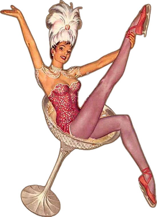 Vintage showgirl Veronica sticker sitting in a cocktail glass