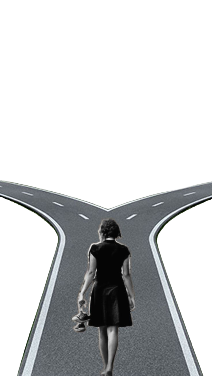 A woman choosing between two roads