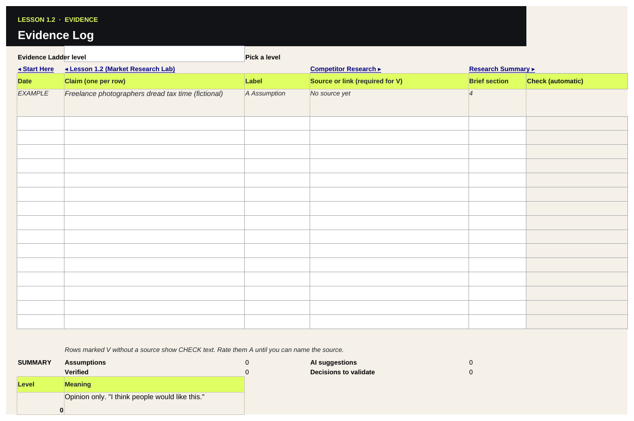 Evidence Log tab: a blank log where each claim is labeled Assumption, AI suggestion, Verified or Decision, with its source.