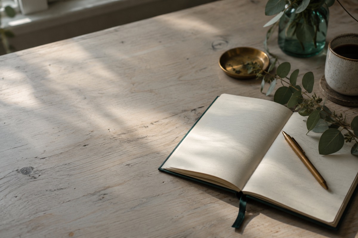 An open journal with a gold pen and eucalyptus on a wooden table