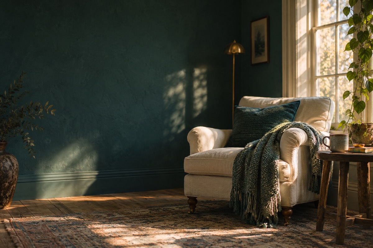 A quiet room with an armchair and a teal throw in warm light