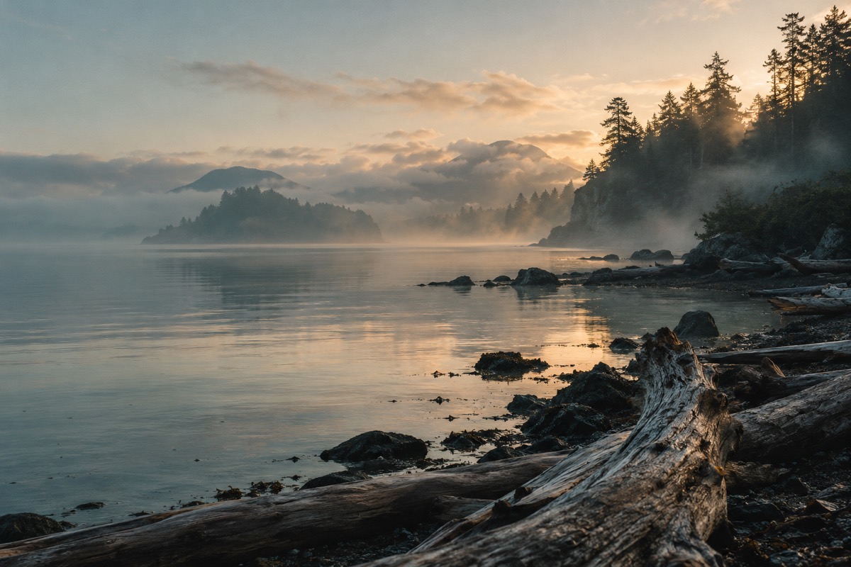 Calm Pacific coast at dawn with mist over the water