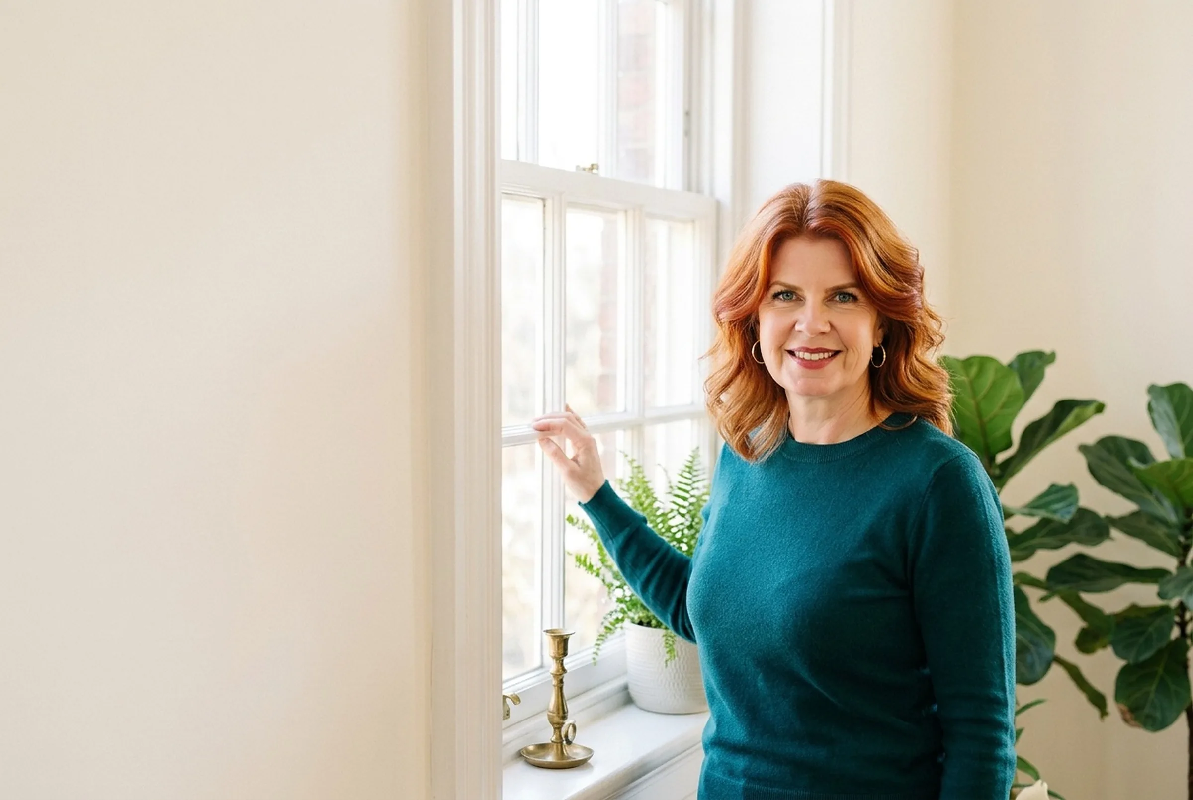 Jennifer Waugh, grief and life transition coach, smiling in a bright room with plants