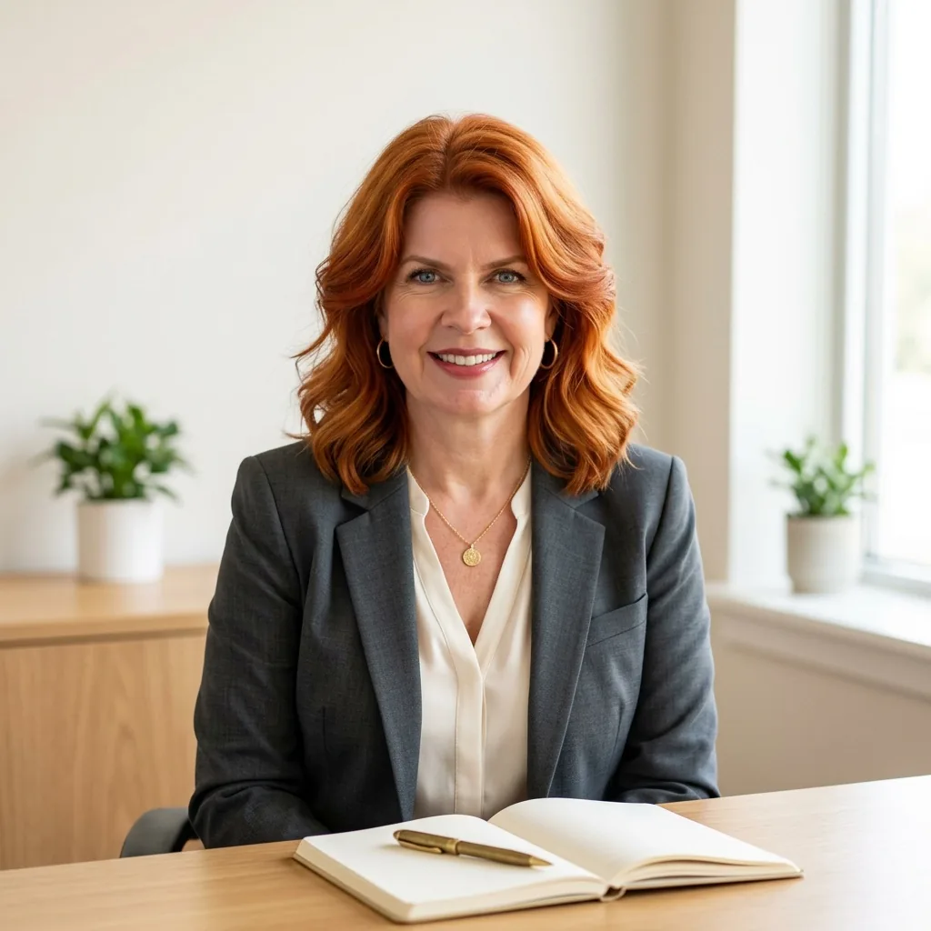 Jennifer Waugh at her desk with a notebook, coaching for burnout and leadership