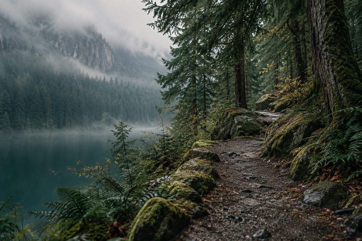 A misty forest path beside a still lake