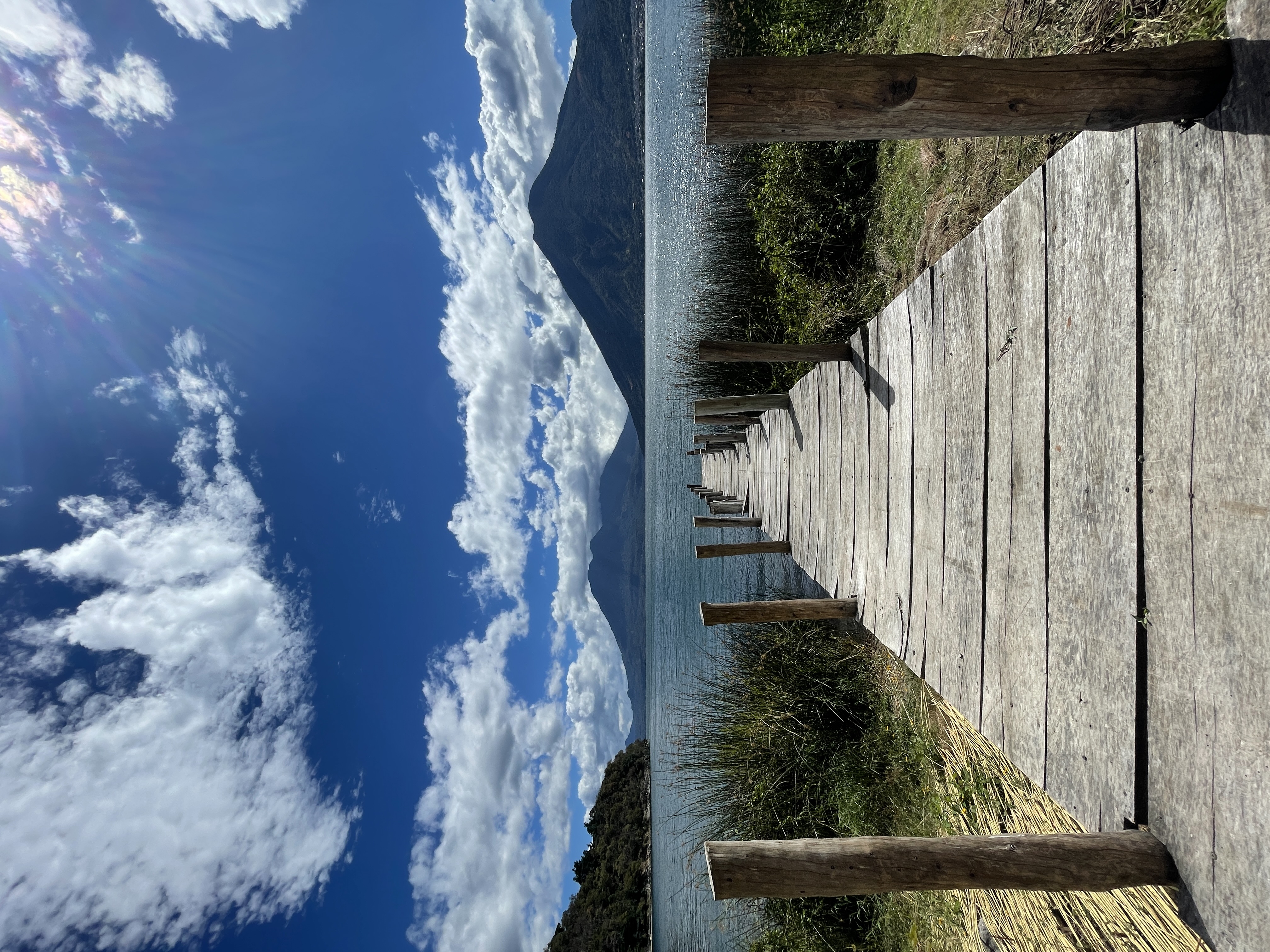 Dock leading to Lake Atitlan volcanoes