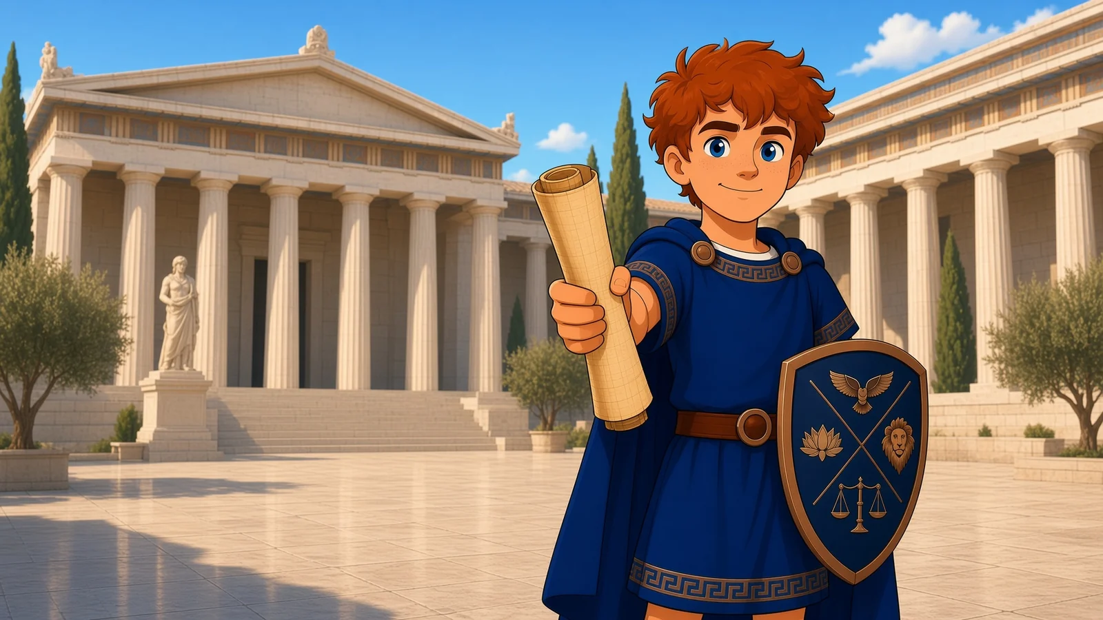 Kid Stoic in his blue tunic holding a scroll at the stoa
