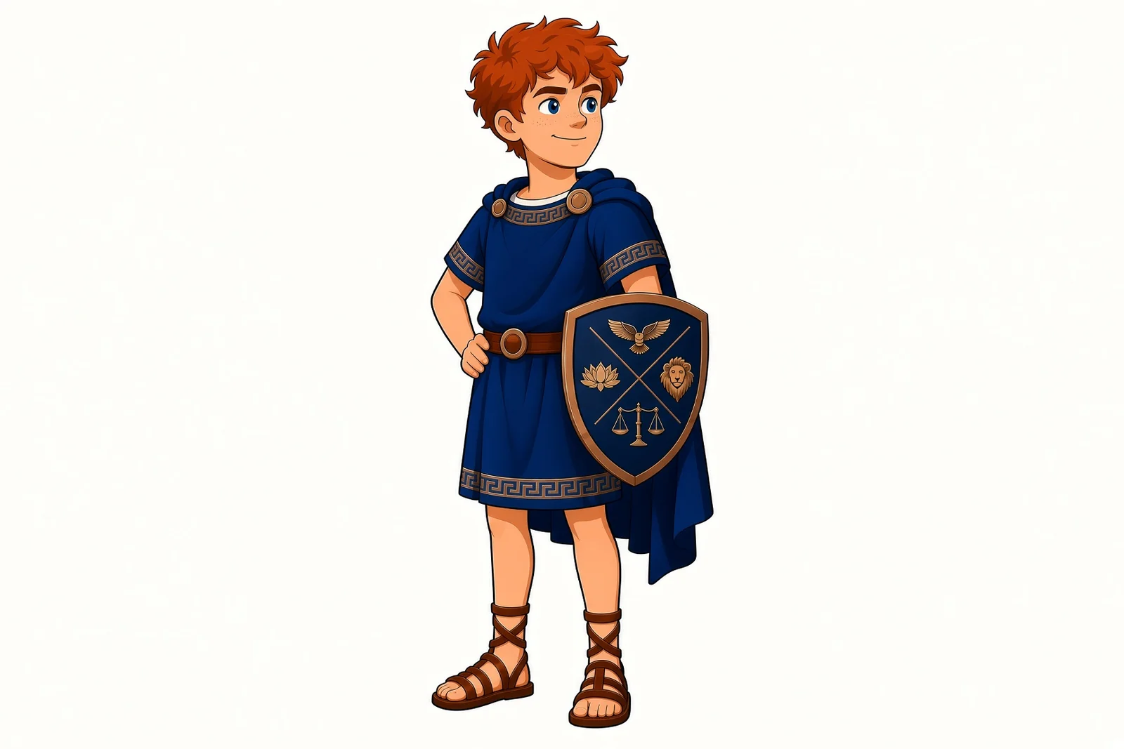Kid Stoic standing with his scroll and shield