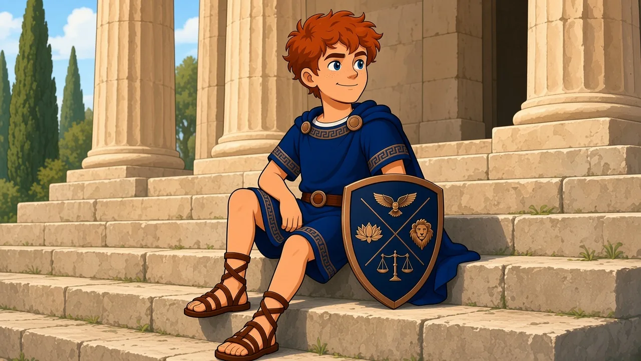 Kid Stoic sitting calmly on the stoa steps