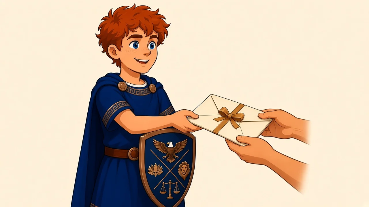 Kid Stoic receiving a gift envelope