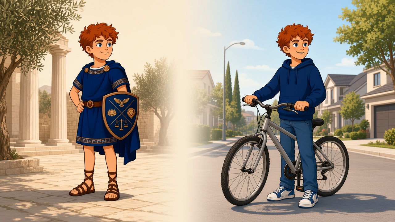 Kid Stoic in ancient Greece and Linc today, the same kid across time