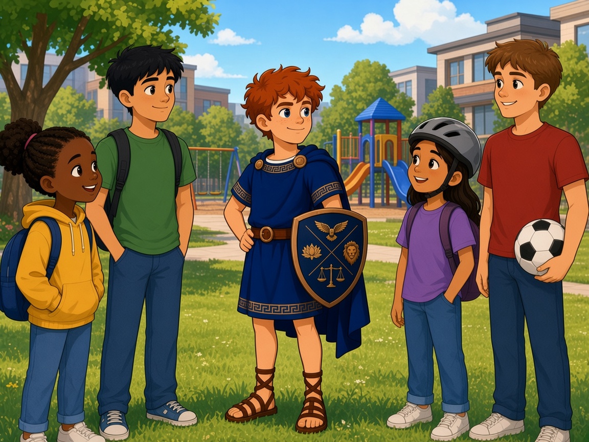 Kid Stoic in his blue tunic and eagle shield standing in a park with four modern kids