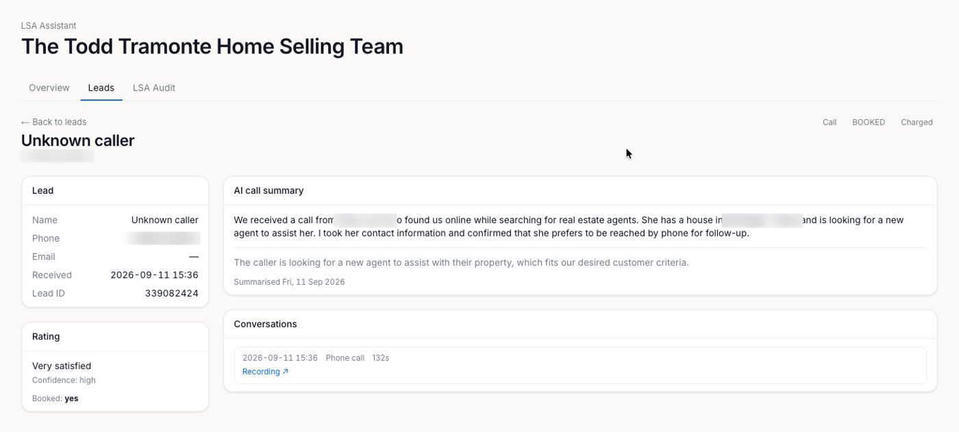 LSA Assistant lead detail: lead, rating, AI call summary and the call recording