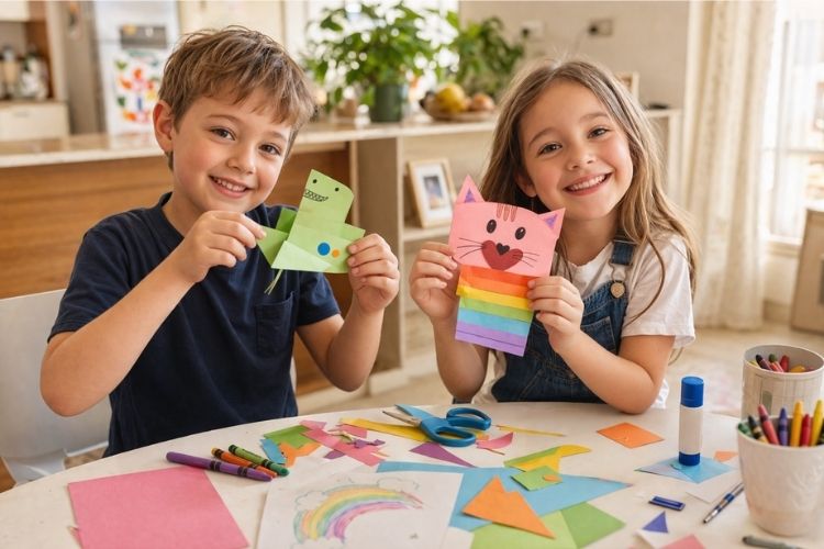 Kids holding up a finished handmade craft project and smiling