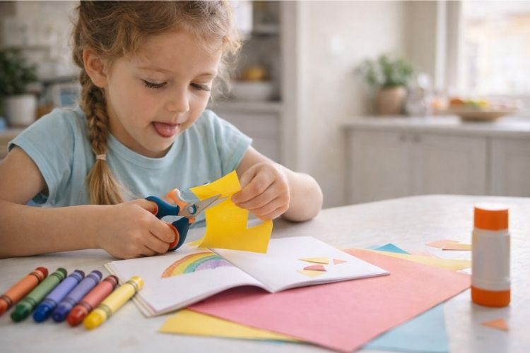 Child cutting paper during screen free activity