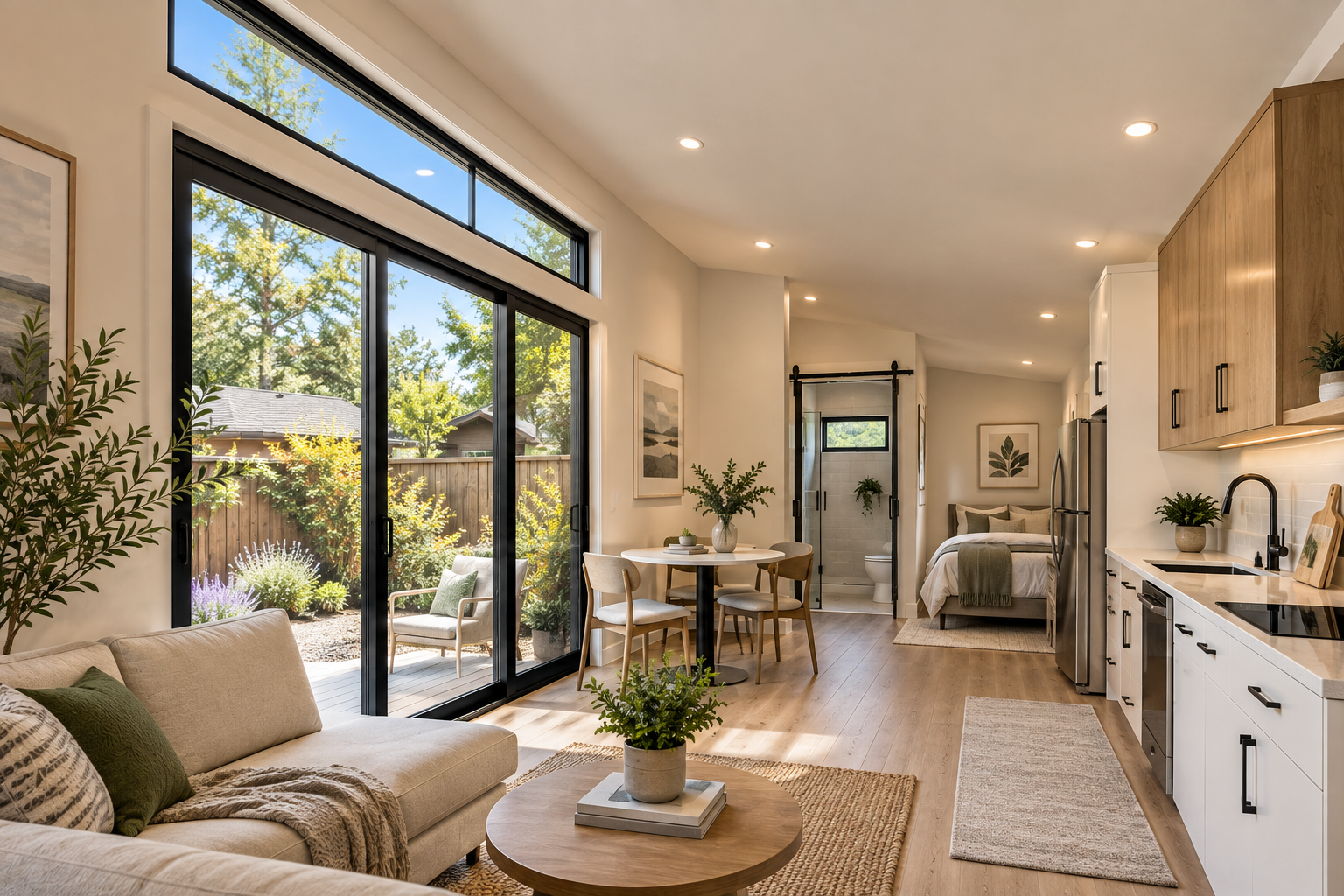 Interior of a CityPaks ADU with warm natural light and flexible living space