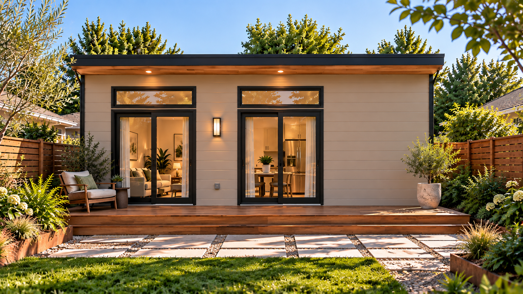 Compact CityPaks studio ADU with warm cedar wood siding in a tight Bay Area backyard at golden hour