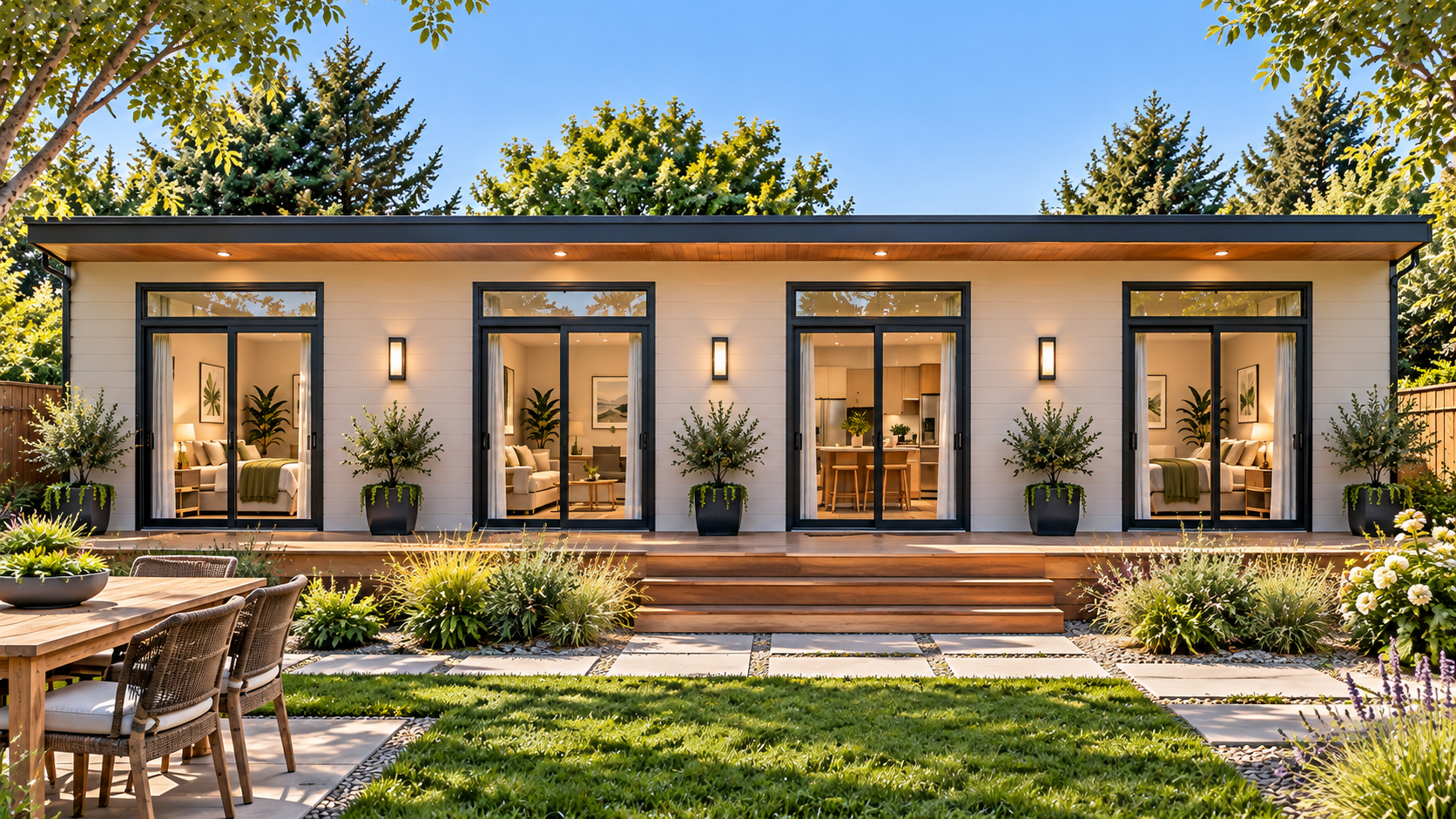 Largest CityPaks two-bedroom ADU with smooth dark charcoal stucco and warm wood soffits in a premium backyard at dusk
