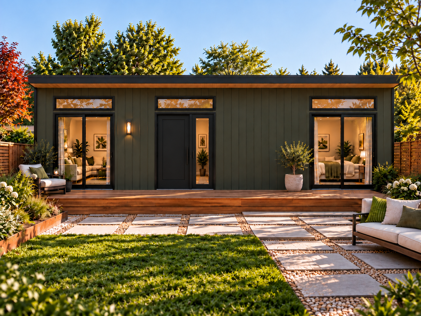 Mid-size CityPaks one-bedroom ADU with light vertical panel siding in a lush Bay Area backyard