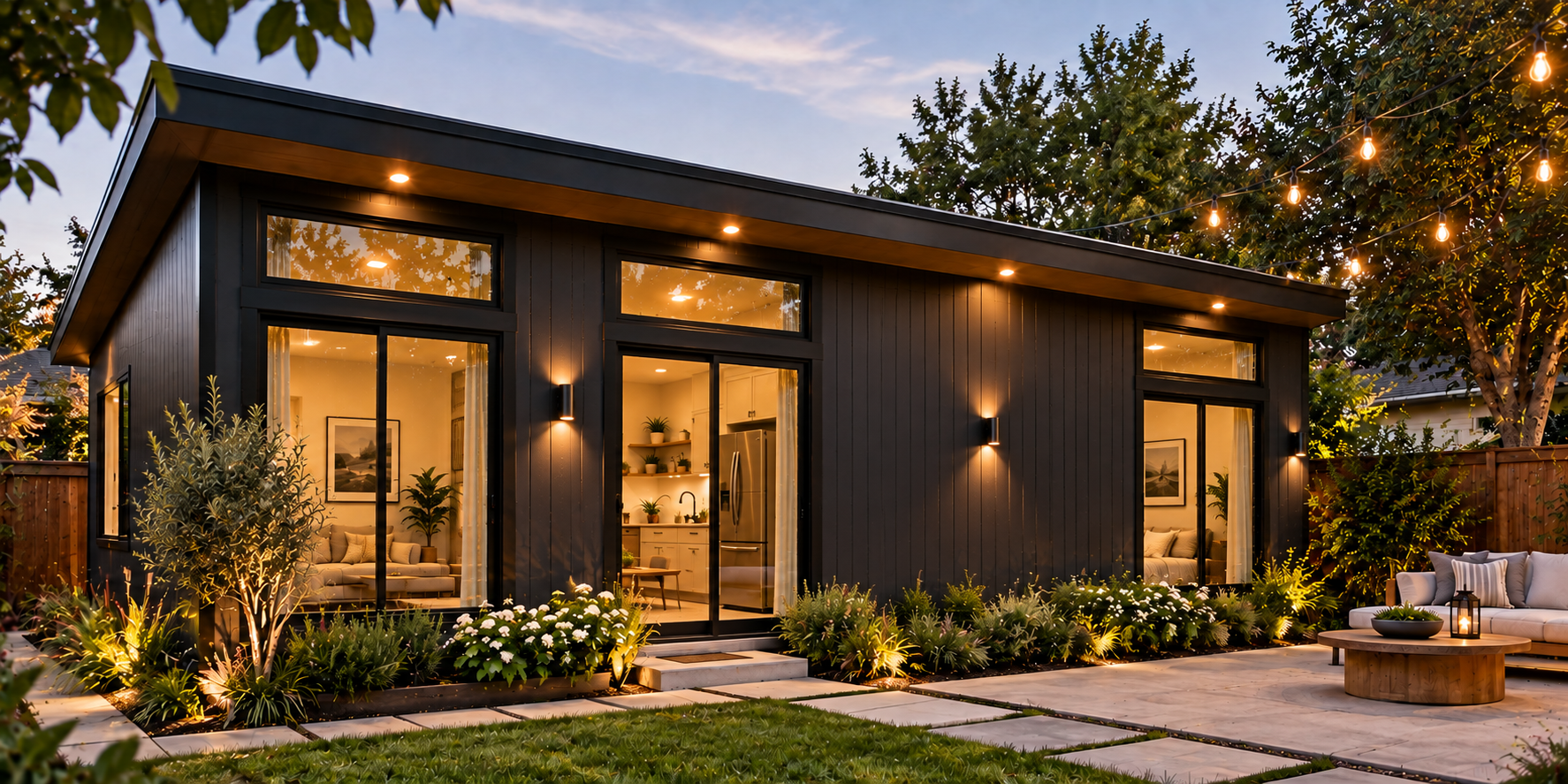 Modern CityPaks ADU with low-slope mono-pitch roof, dark fascia, warm wood soffit, and black-framed glazing integrated into a Bay Area backyard