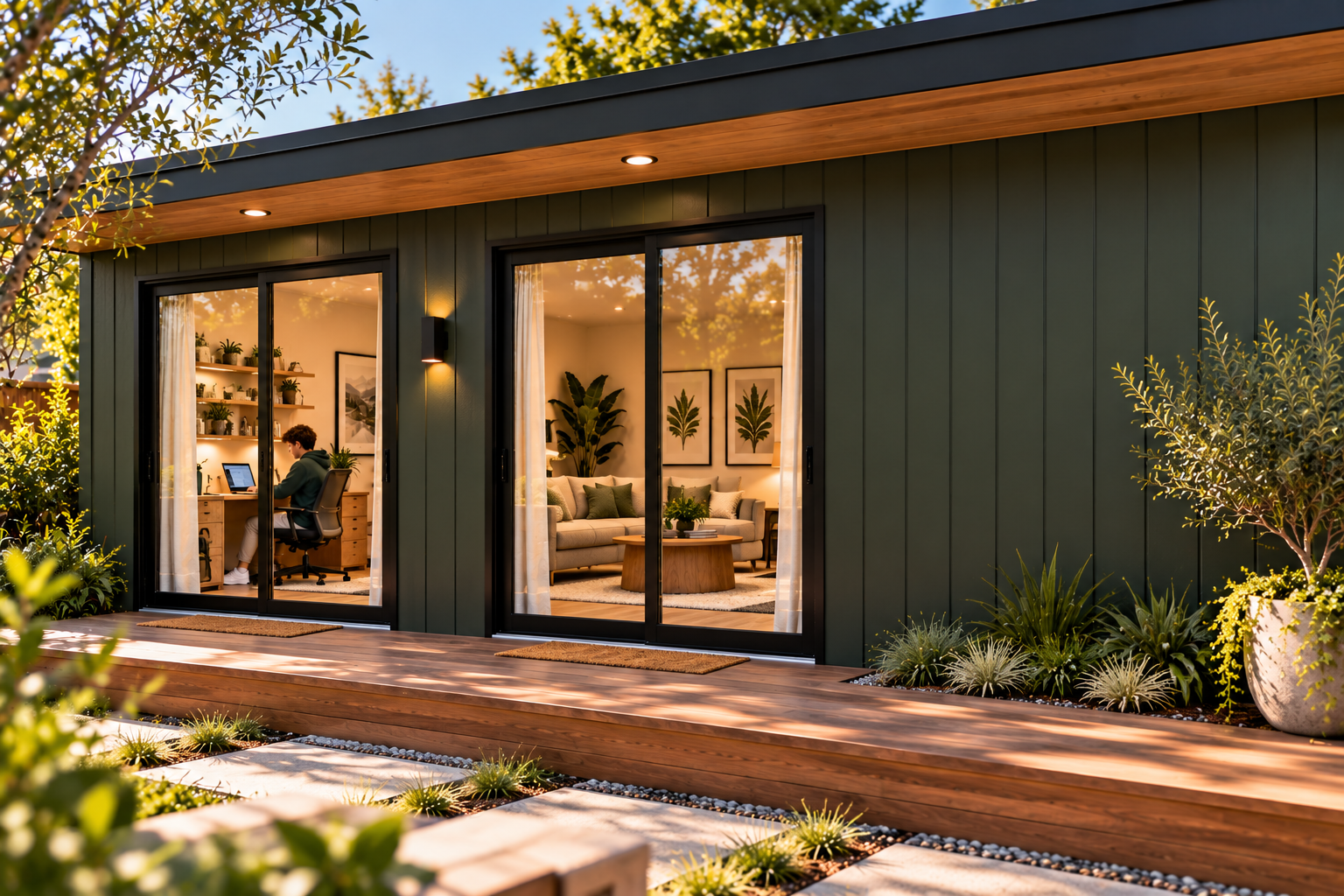 Young adult in independent authentic CityPaks backyard home