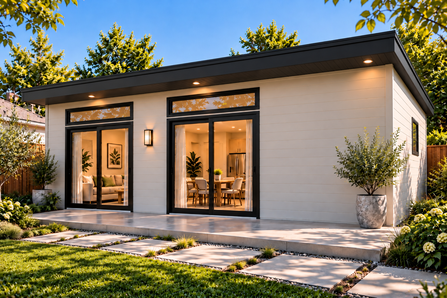 A CityPaks ADU sited elegantly in a Bay Area backyard at golden hour