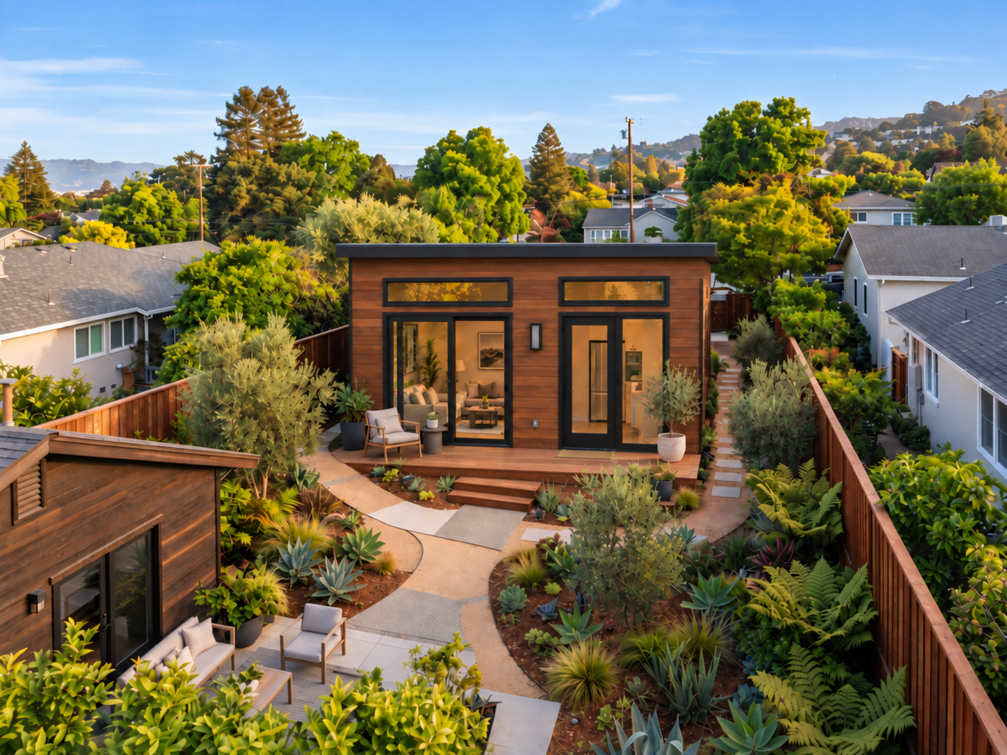 CityPaks ADU placed in a constrained narrow Bay Area backyard