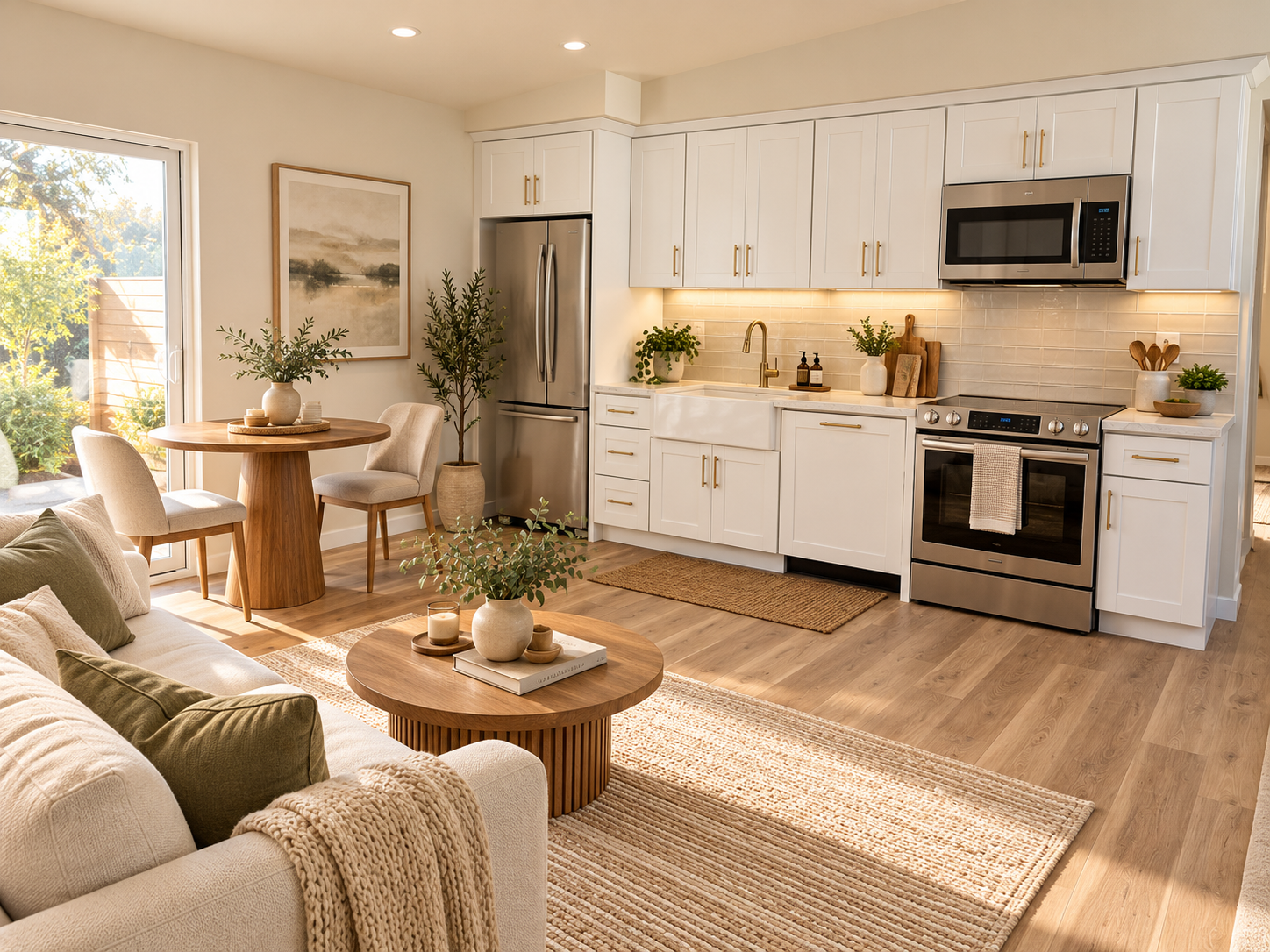 Spacious CityPaks great room with soaring ceiling, stylish sectional and expansive patio sliders