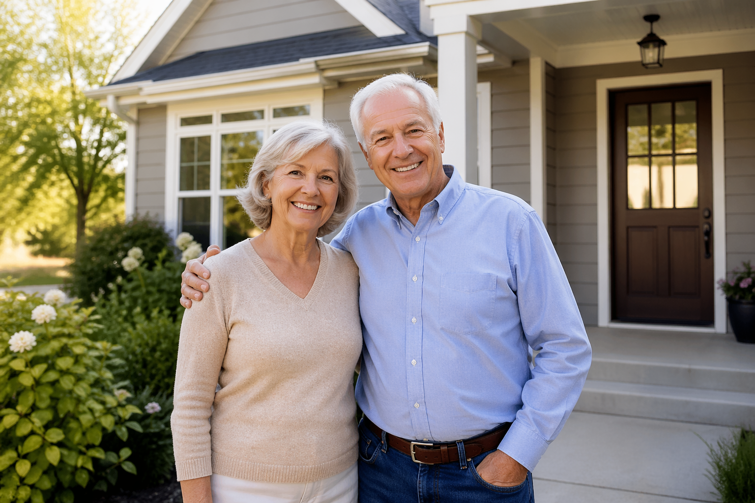 Homeowners standing in front of their house