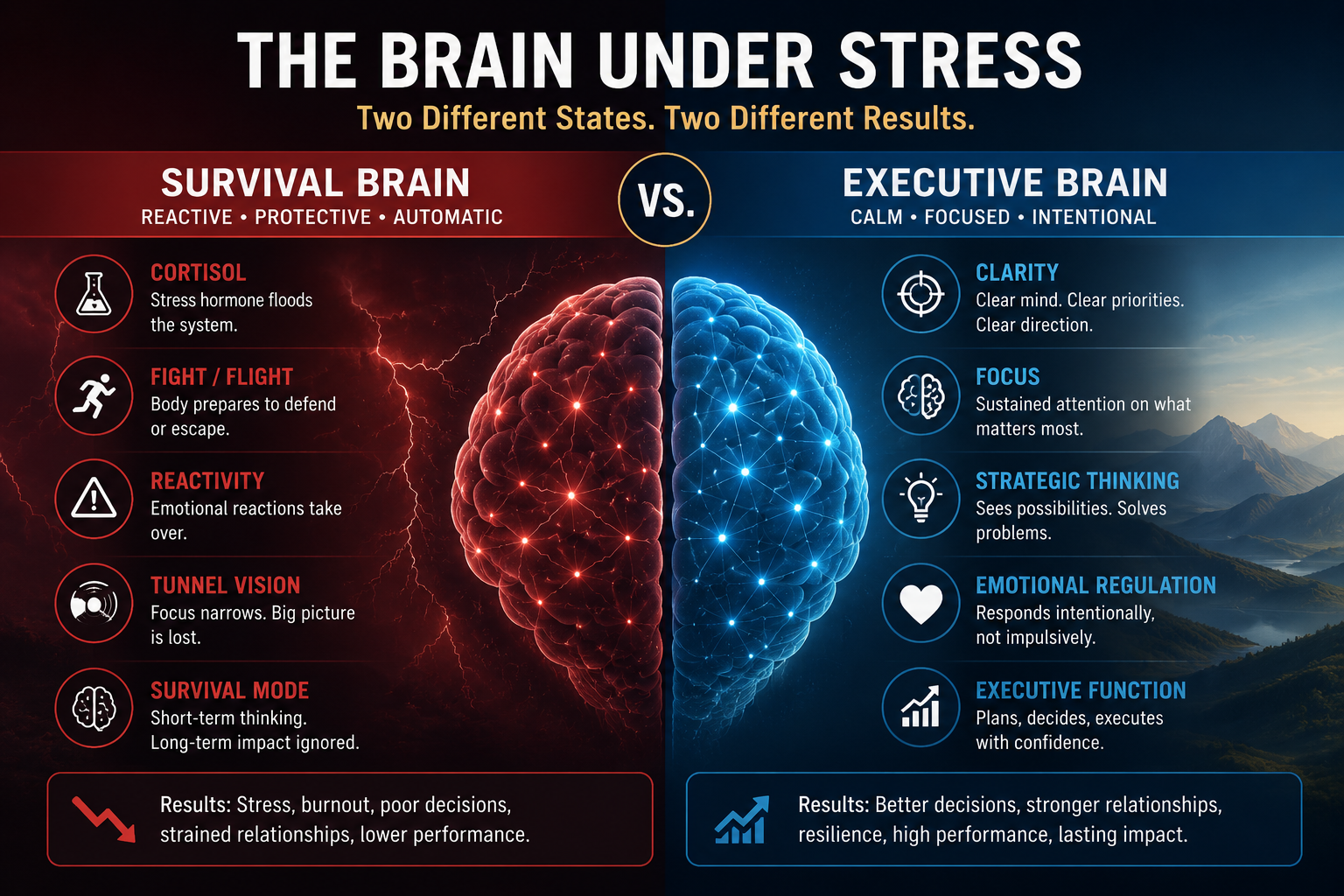 Survival brain versus executive brain comparison showing how stress affects focus, emotional regulation, decision-making, leadership performance, and resilience.