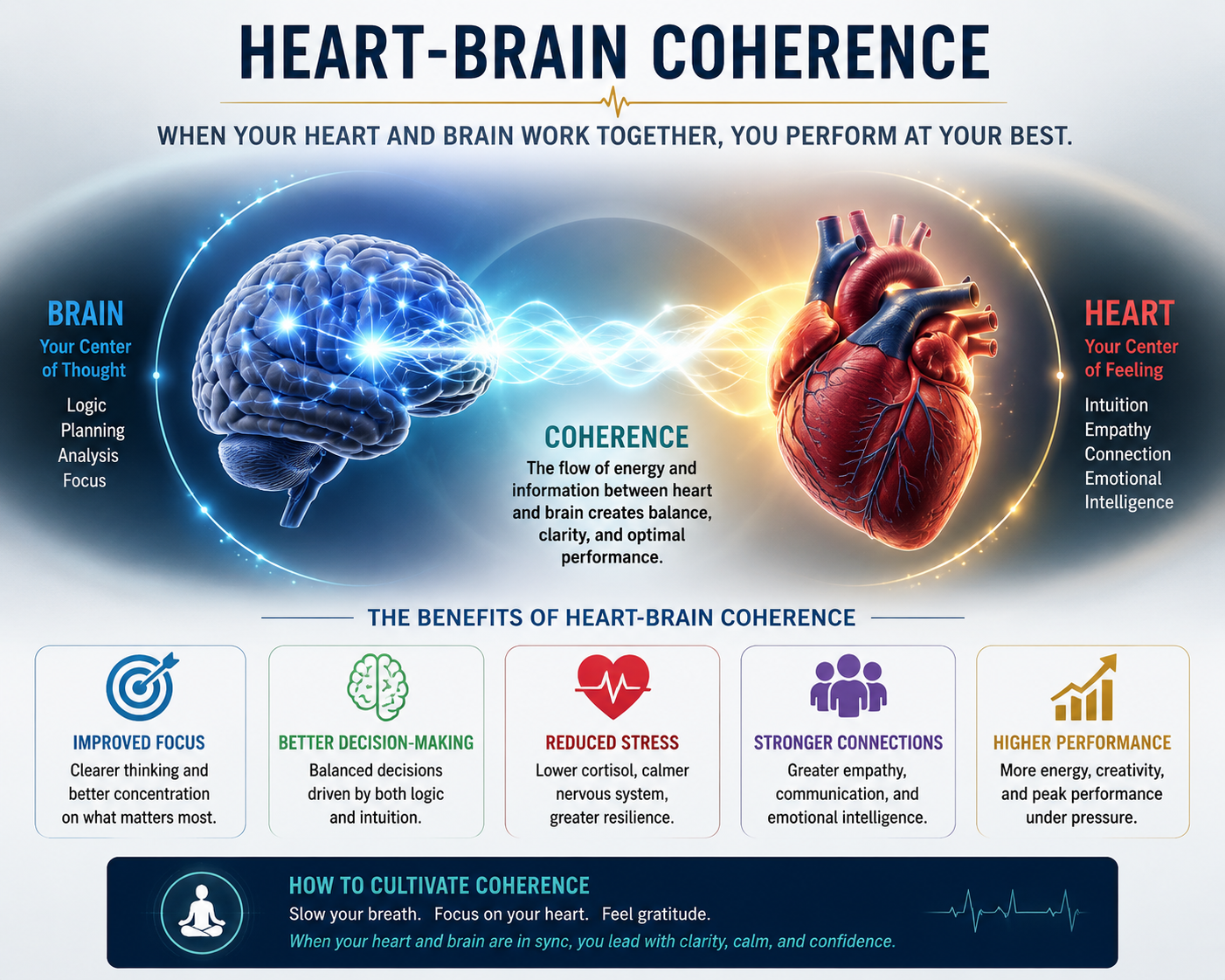 Heart-brain coherence infographic showing the connection between emotional regulation, focus, decision-making, resilience, and peak performance.
