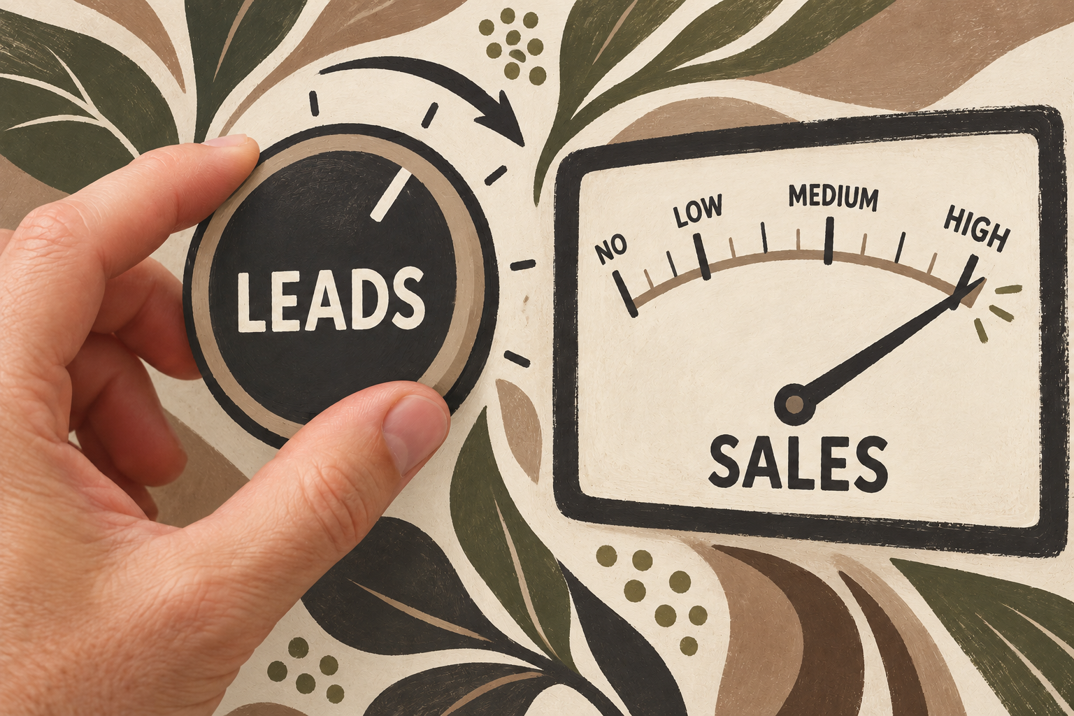 Hand turning up a leads dial with the sales gauge on high
