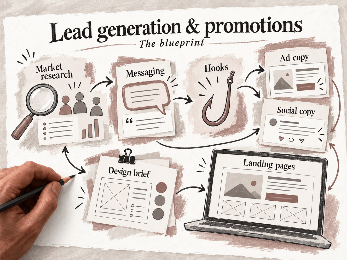 Lead generation and promotions blueprint illustration showing market research, messaging, hooks, ad copy, social copy, design brief, and landing pages
