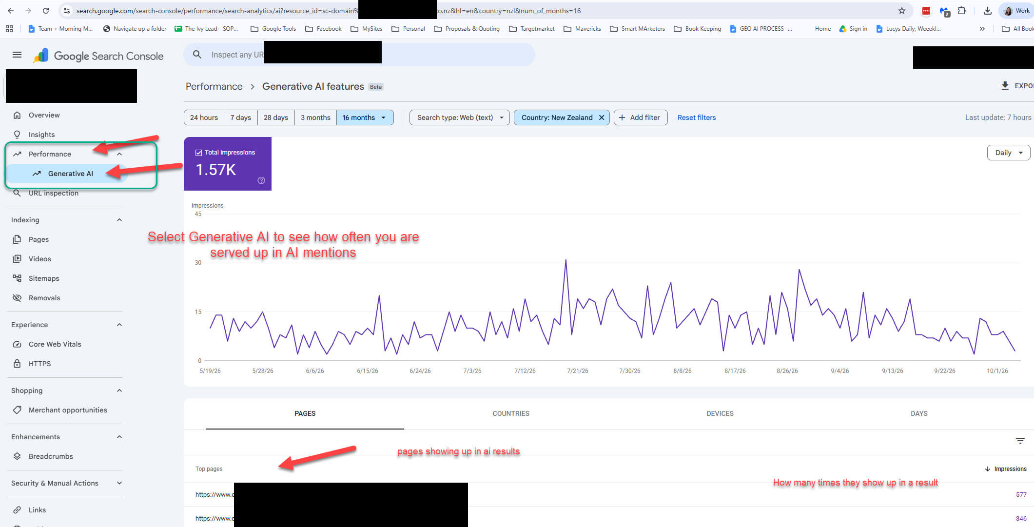 Google Search Console Generative AI report showing how often pages appear in AI Overviews and AI Mode