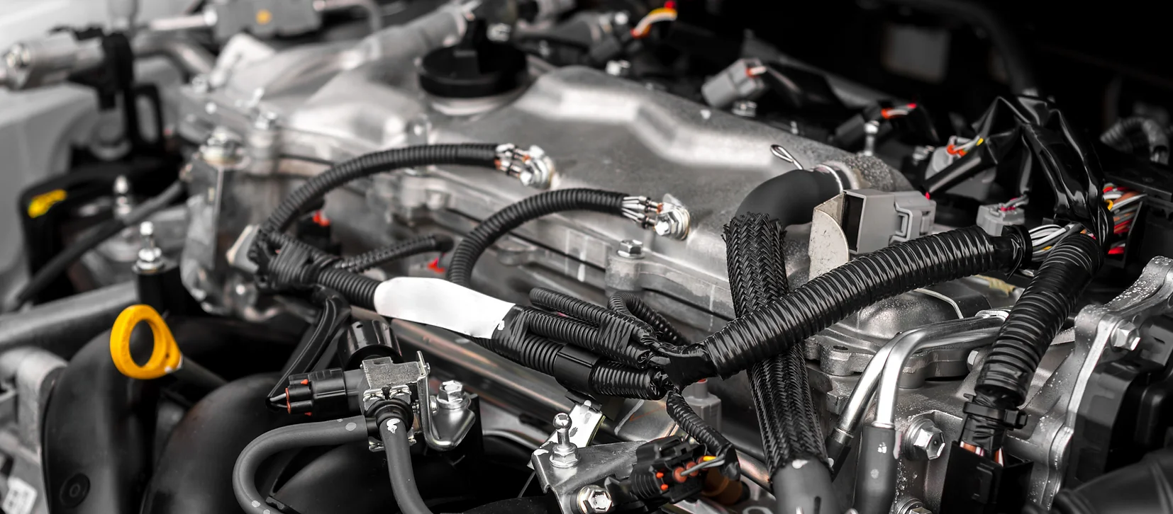Detailed and clean engine bay showcasing well-organized wiring and polished metal components after steam cleaning.